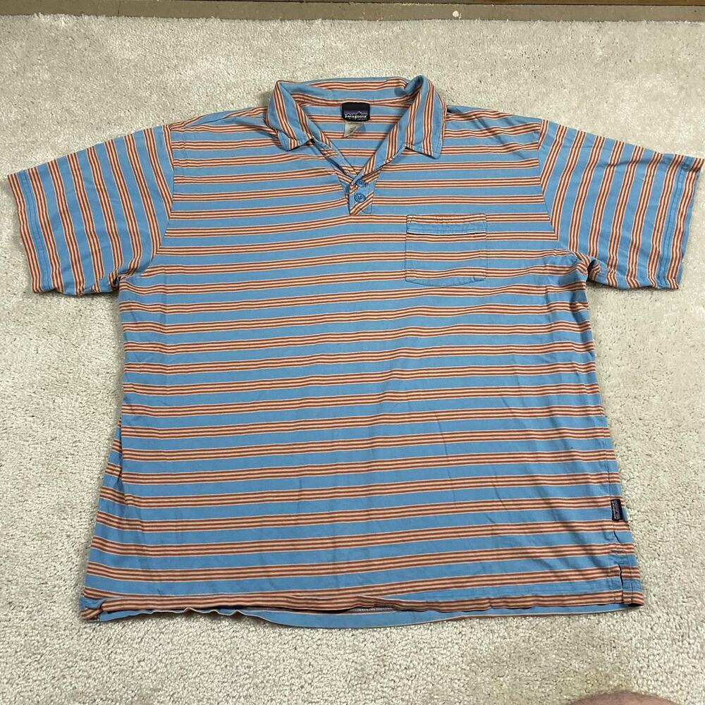 Patagonia Polo Shirt Mens XL Blue Organic Cotton Stripe Pocket Summer Casual